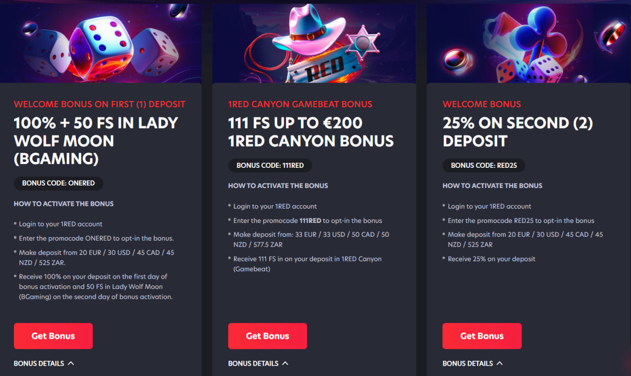 1Red casino bonuses